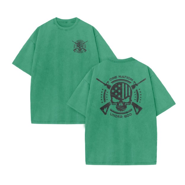 Unisex 100% Cotton One Nation Under God Print Acid Washed T-shirt - Green - US20-22(3XL) - image 5