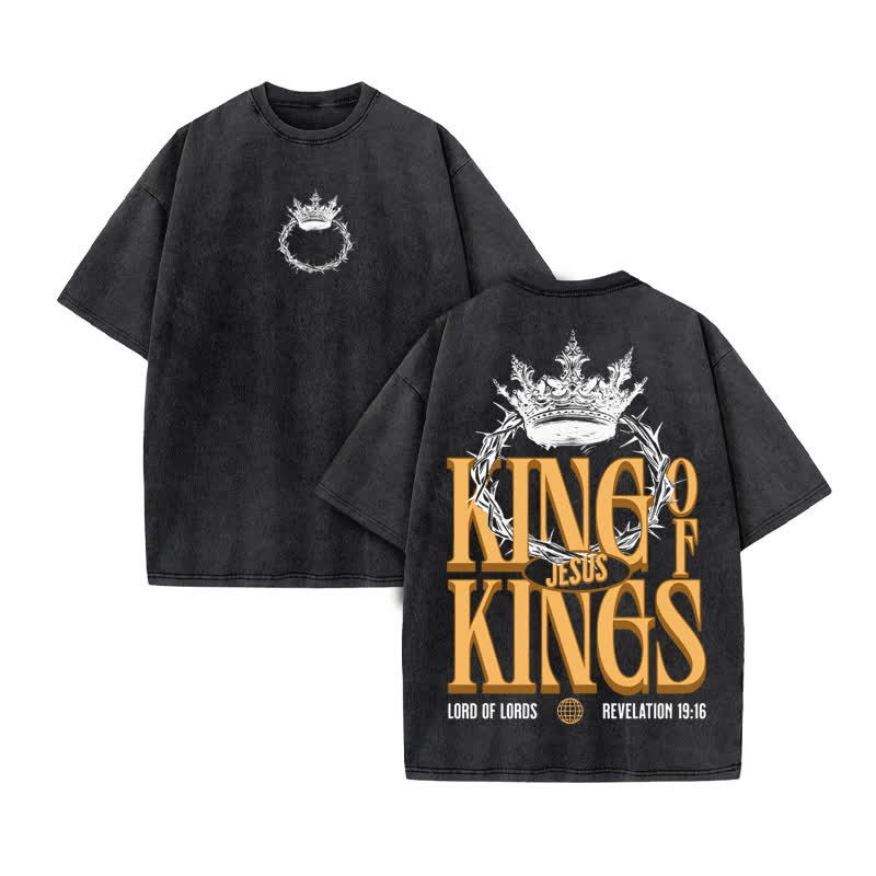 Unisex 100% Cotton JESUS IS KING OF KINGS Print Acid Washed T-shirt - Black - US20-22(3XL) - image 3