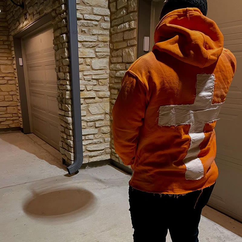 Street Style Just Here To Give God Glory Cross-letter Patch Embroidered Loose Unisex Hoodie