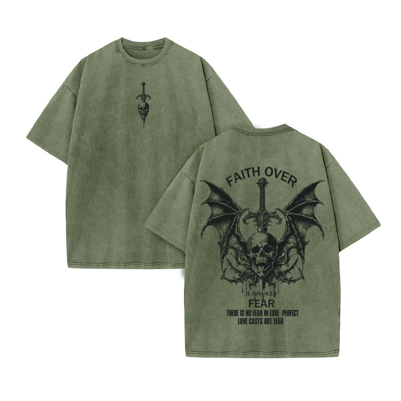 Unisex 100% Cotton FAITH OVER FEAR print Acid Washed T-shirt - Army Green - US20-22(3XL) - image 7