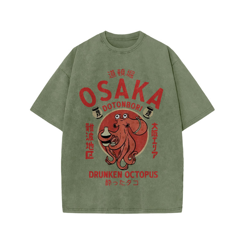 Unisex 100% Cotton OSAKA Dotonbori Octopus Vintage Print Acid Washed T-shirt