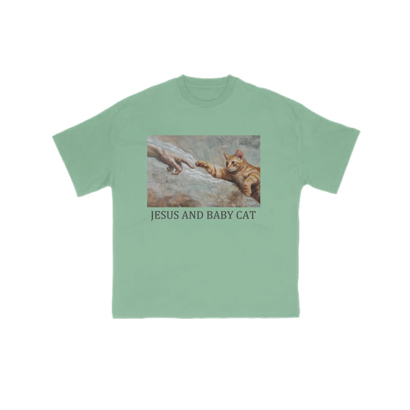 Unisex 100% Cotton Jesus And Baby Cat Print T-shirt - Green - US16-18(2XL) - image 7