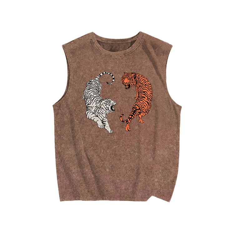 White Tiger & Orange Tiger Yin-yang Print Washed Tank Top - Brown - US20-22(3XL) - image 4