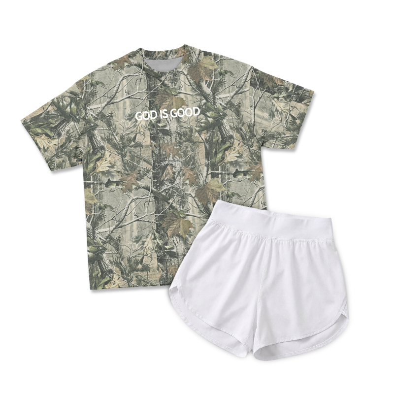 Vintage Camo GOD IS GOOD Print T-Shirt & Short Two Piece Set - Forest Green Camo - 2XL - image 16
