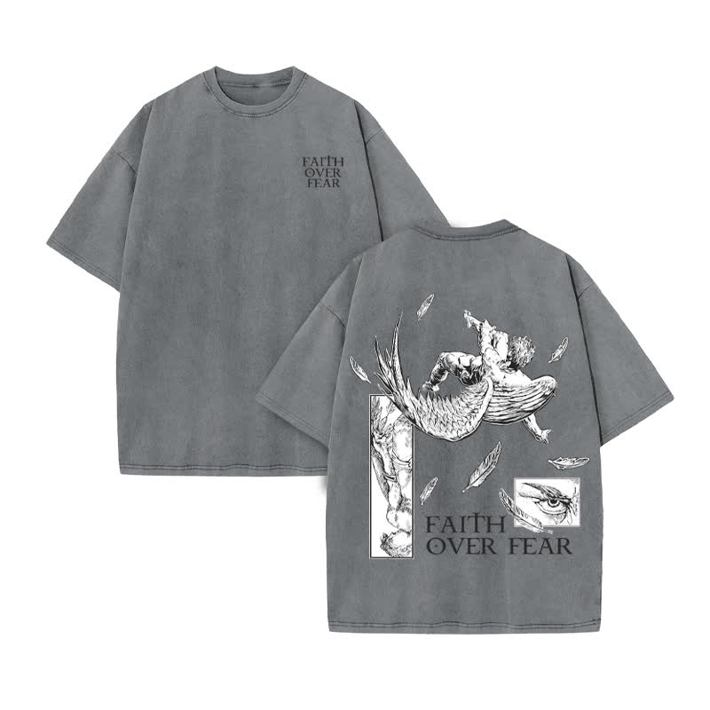Unisex  Faith Over Fear Print Acid Washed T-shirt - Grey - US20-22(3XL) - image 5