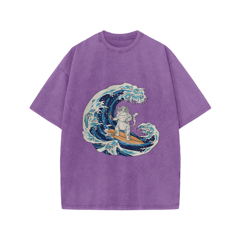Unisex 100% Cotton Cat Surfing Japan Print Acid Washed T-shirt