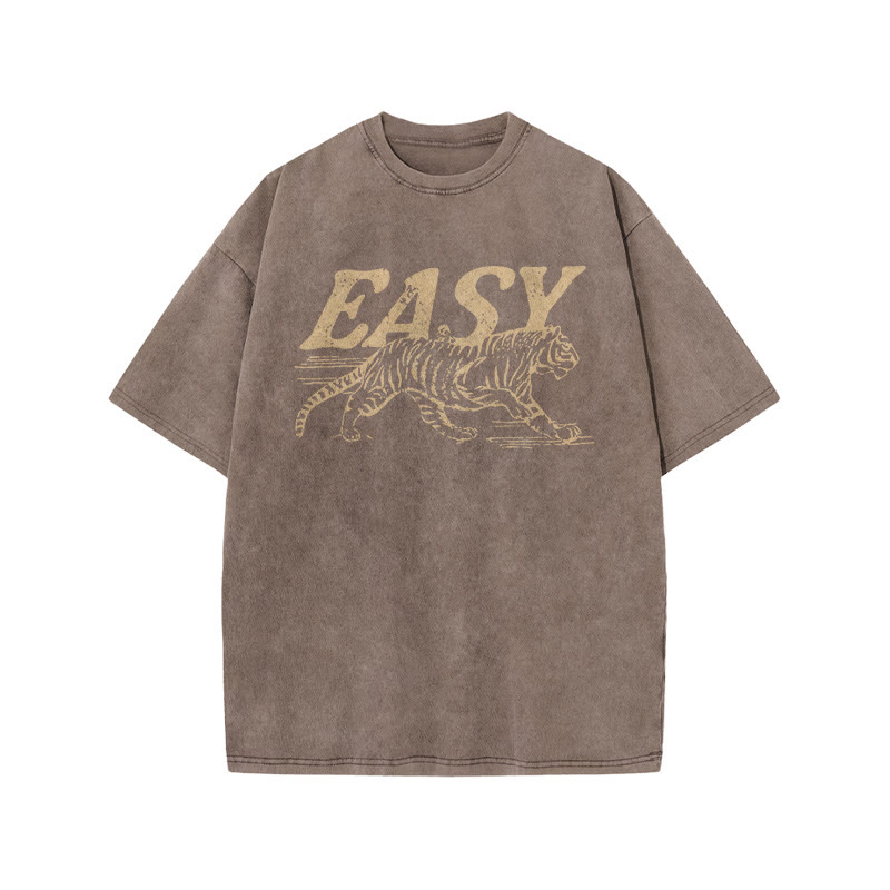 Unisex 100% Cotton Easy Tiger Print Acid Washed T-shirt