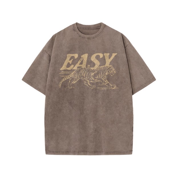 Unisex 100% Cotton Easy Tiger Print Acid Washed T-shirt