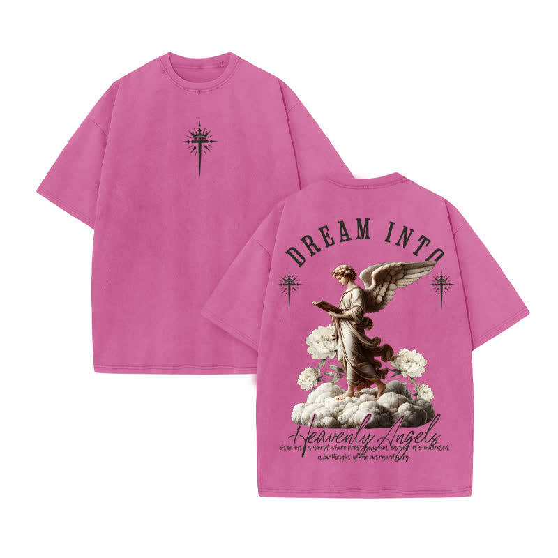 Unisex 100% Cotton Heavenly Angels Print Acid Washed T-shirt - Pink - US20-22(3XL) - image 8