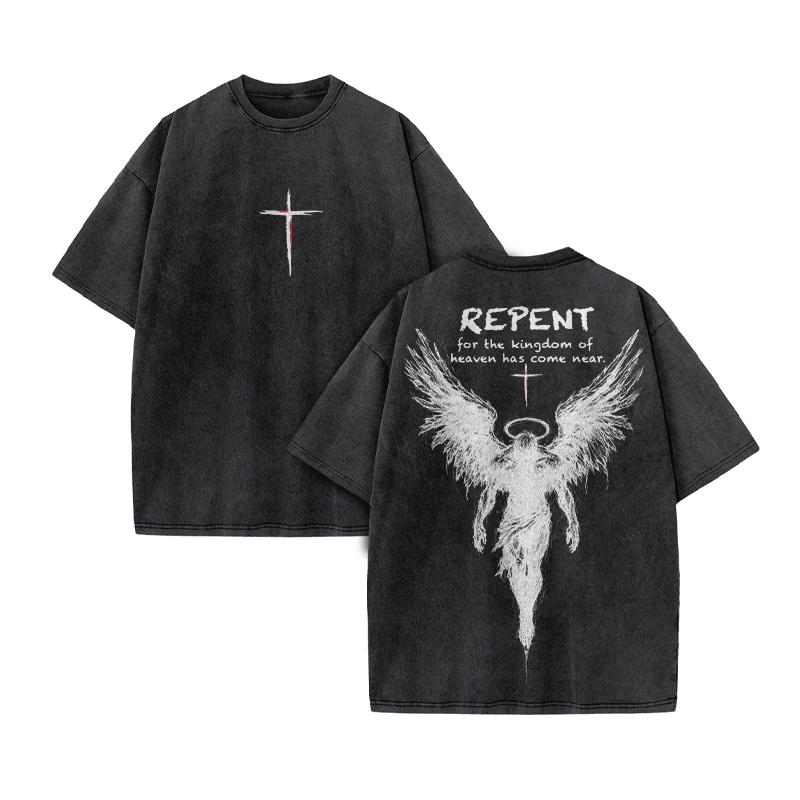 Repent For The Kingdom Of Heaven Has Come Near Print Acid Washed T-shirt - Black - US20-22(3XL) - image 3