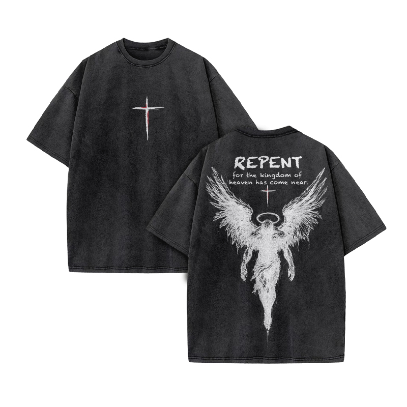 Repent For The Kingdom Of Heaven Has Come Near Print Acid Washed T-shirt - Black - US20-22(3XL) - image 3