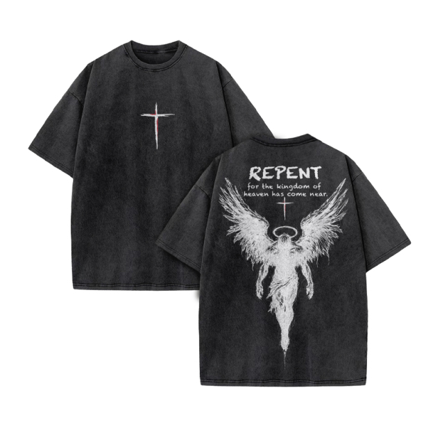 Repent For The Kingdom Of Heaven Has Come Near Print Acid Washed T-shirt - Black - US20-22(3XL) - image 3