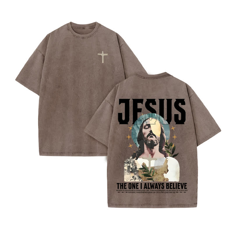 Unisex 100% Cotton Always Believe Jesus Print Acid Washed T-shirt - Coffee - US20-22(3XL) - image 4