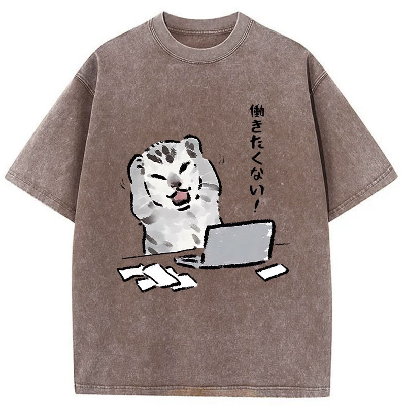 Unisex 100% Cotton Cat Who Doesn't Want To Work Print Acid Washed T-shirt