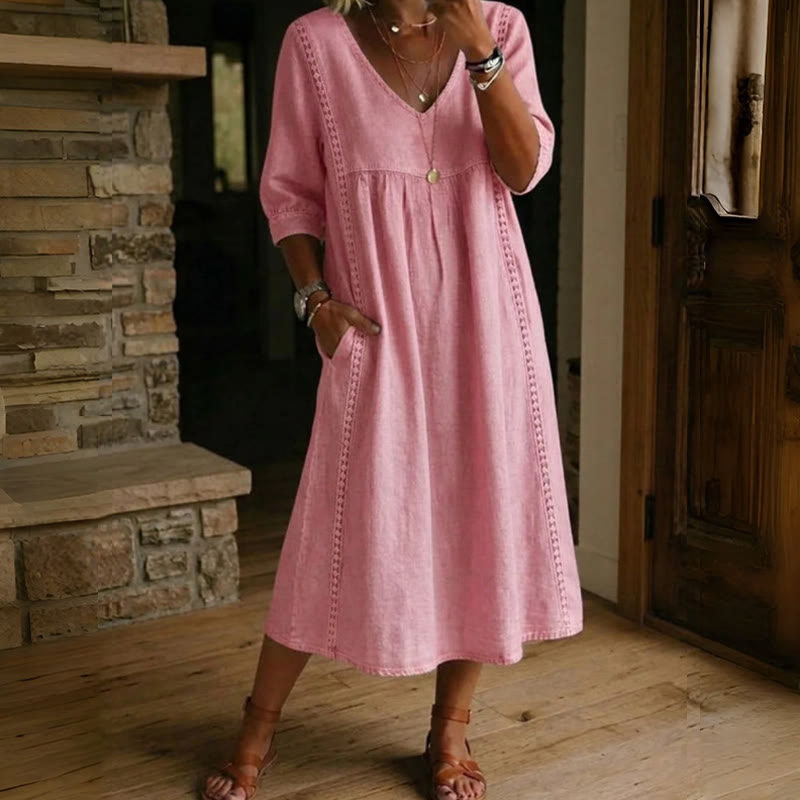 Elegant Solid V-neck Half Sleeve Maxi Dress - Pink - 3XL - image 5