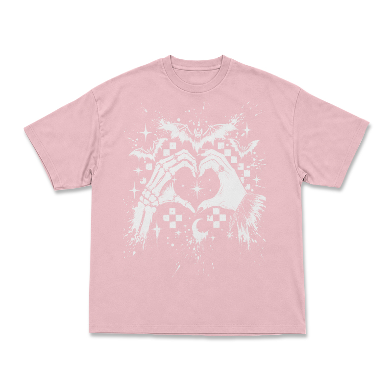 Gothic Skeleton Hand Heart Round Neck Graphic Print T-Shirt - Pink - US16-18(2XL) - image 7
