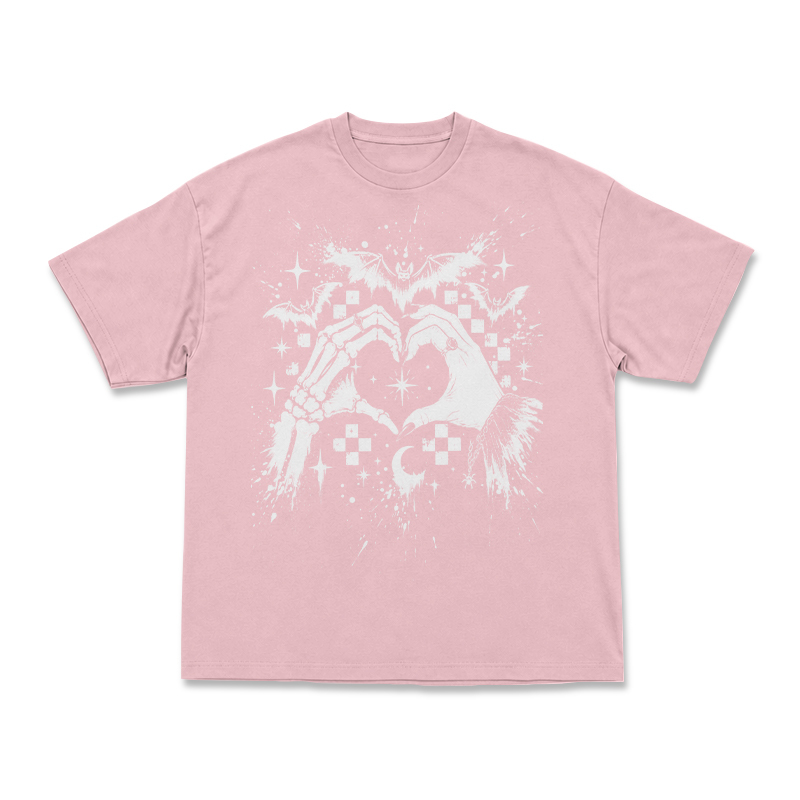 Gothic Skeleton Hand Heart Round Neck Graphic Print T-Shirt - Pink - US16-18(2XL) - image 7