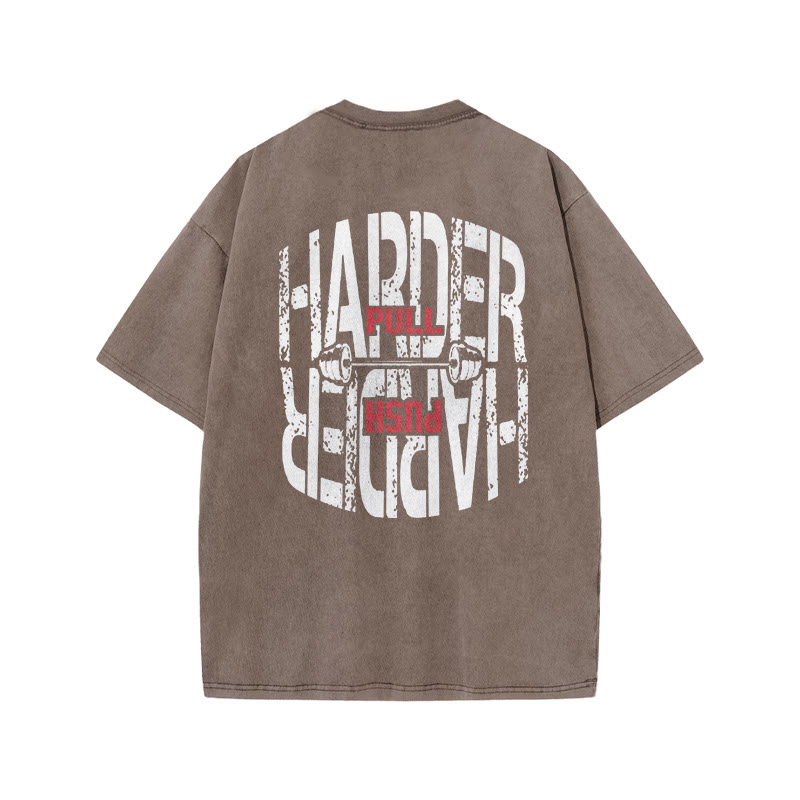 100% Cotton HARDER Gym Print Acid Washed T-shirt - Coffee - US20-22(3XL) - image 5