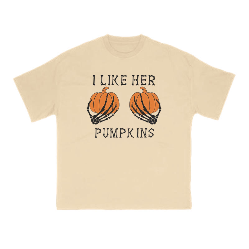 Unisex 100% Cotton I Like Her Pumpkins Halloween Print Couple T-shirt - Apricot - US16-18(2XL) - image 5