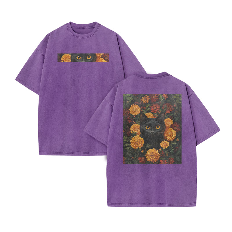 A Black Cat In A Field Of Chrysanthemums Print Acid Washed T-shirt - Purple - US20-22(3XL) - image 10