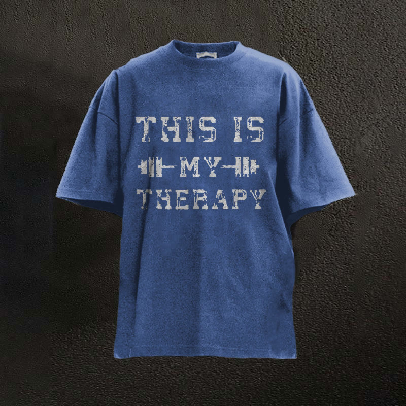100% Cotton This Is My Therapy Printed Washed Gym T-shirt - Blue - 2XL - image 9
