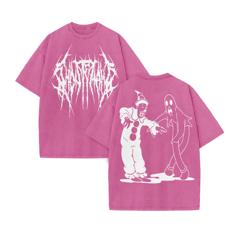 Unisex Clown And Ghost Print Acid Washed T-shirt - Pink - US20-22(3XL) - image 9