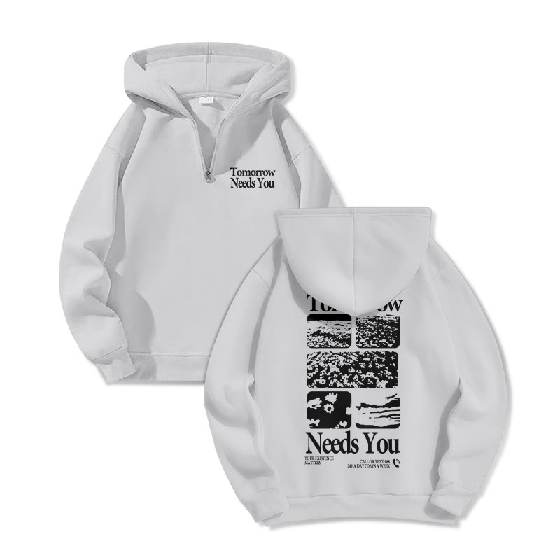 Tomorrow Needs You Print Half Zip Hoodie - Light Gray - US32-34(5XL) - image 5
