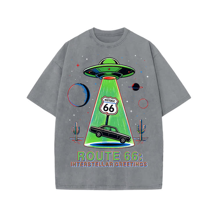 Retro Route 66 Interstellar Greetings Graphic Print Acid Washed T-shirt - Grey - US20-22(3XL) - image 5