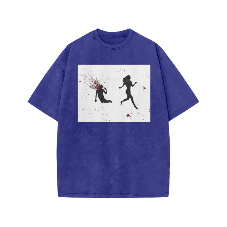 “Run Away”Girl Graphic Print Acid Washed T-shirt - Blue - US20-22(3XL) - image 8