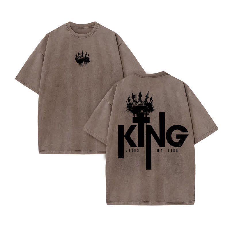 Unisex 100% Cotton JESUS IS MY KING Print Acid Washed T-shirt - Coffee - US20-22(3XL) - image 4