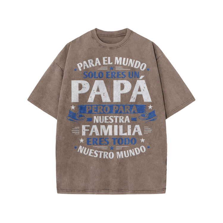 Papa, For Our Family, You Are The World Graphic Print Acid Washed T-Shirt - Coffee - US20-22(3XL) - image 4