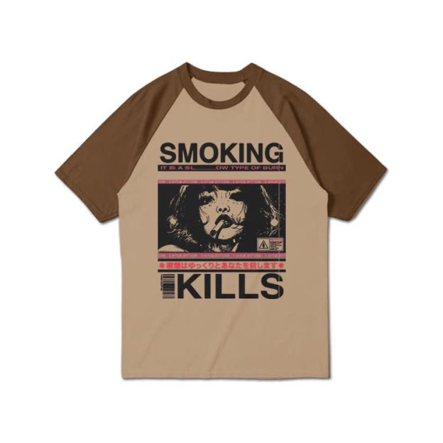Smoking Kills Retro Manga Style Graphic Print Raglan Sleeve T-shirt - Brown - 3XL - image 3