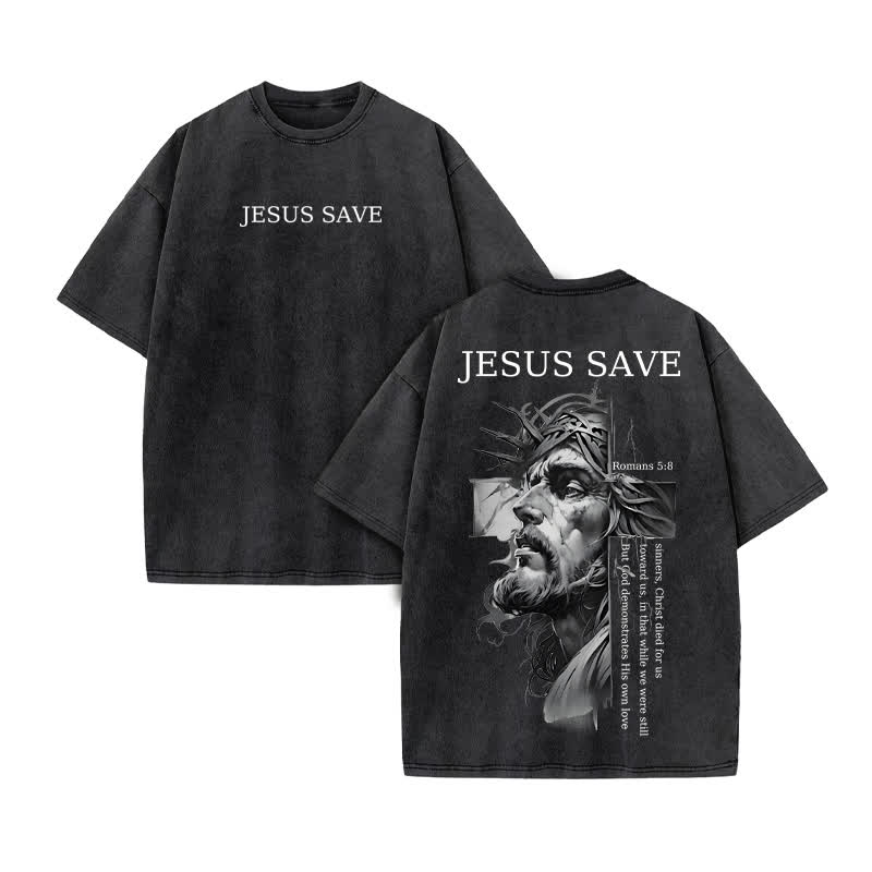 Unisex 100% Cotton Jesus Save Print Acid Washed T-shirt - Black - US20-22(3XL) - image 3