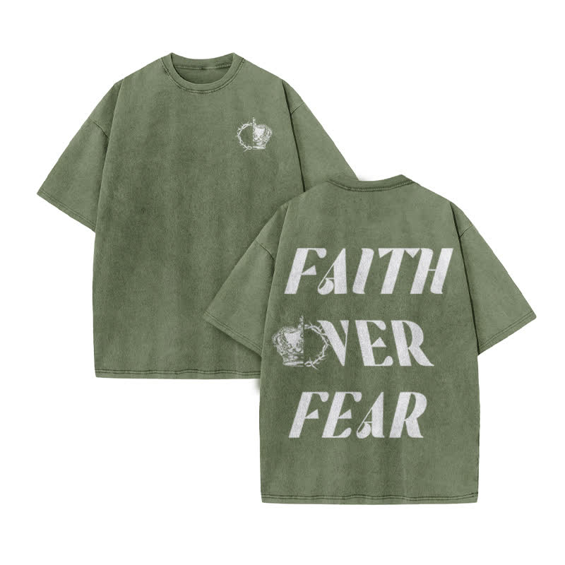 Unisex  Faith Over Fear Print Acid Washed T-shirt - Army Green - US20-22(3XL) - image 6