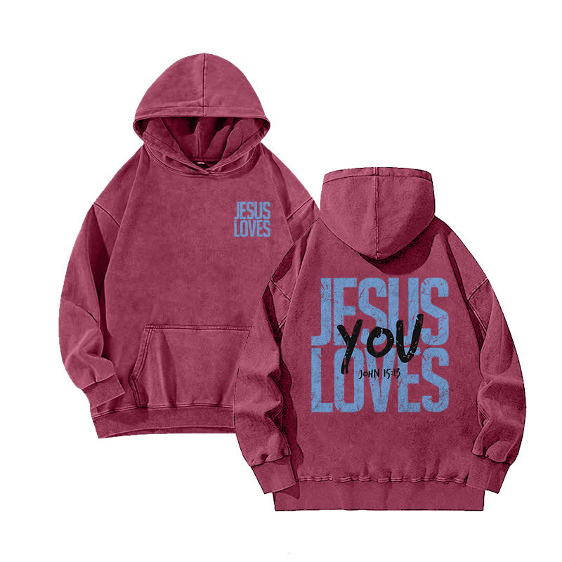Unisex 100% Cotton Jesus Loves You Printed Washed Hoodie  - Rose - 3XL - image 6