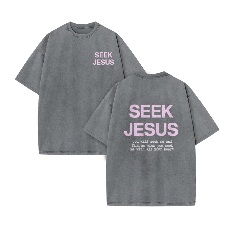 You Will Seek Me And Find Me When You Seek Me With All Your Heart Print Acid Washed T-shirt - Grey - US20-22(3XL) - image 4