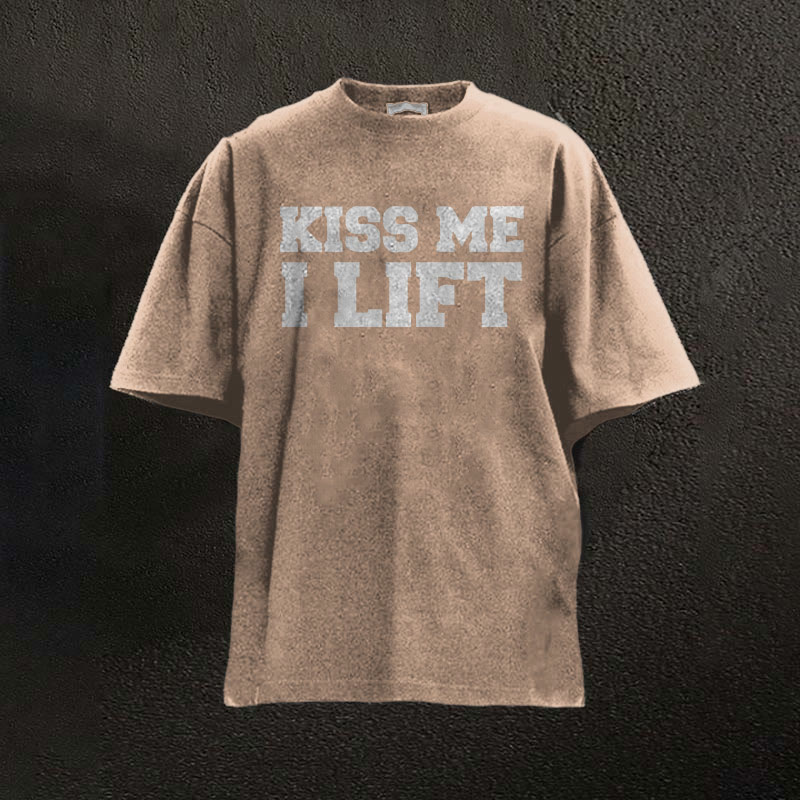 100% Cotton Kiss Me I Lift Printed Washed Gym T-shirt - Coffee - 2XL - image 5