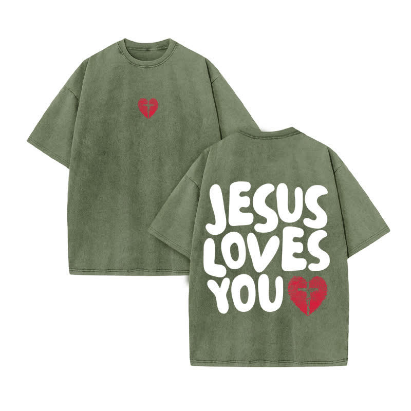 Unisex 100% Cotton JESUS LOVES YOU Love Fingerprint Print Acid Washed T-shirt - Army Green - US20-22(3XL) - image 6