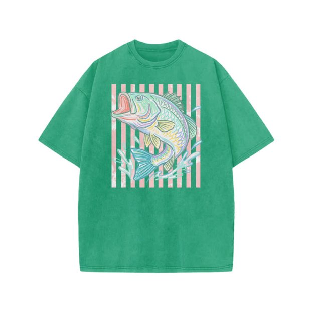 Vintage Bass Fish Graphic Print Acid Washed T-shirt - Green - US20-22(3XL) - image 5