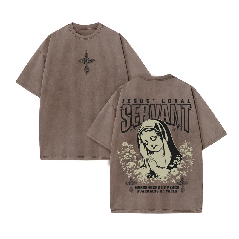 Unisex 100% Cotton Jesus Loyal Servant Print Acid Washed T-shirt - Coffee - US20-22(3XL) - image 4