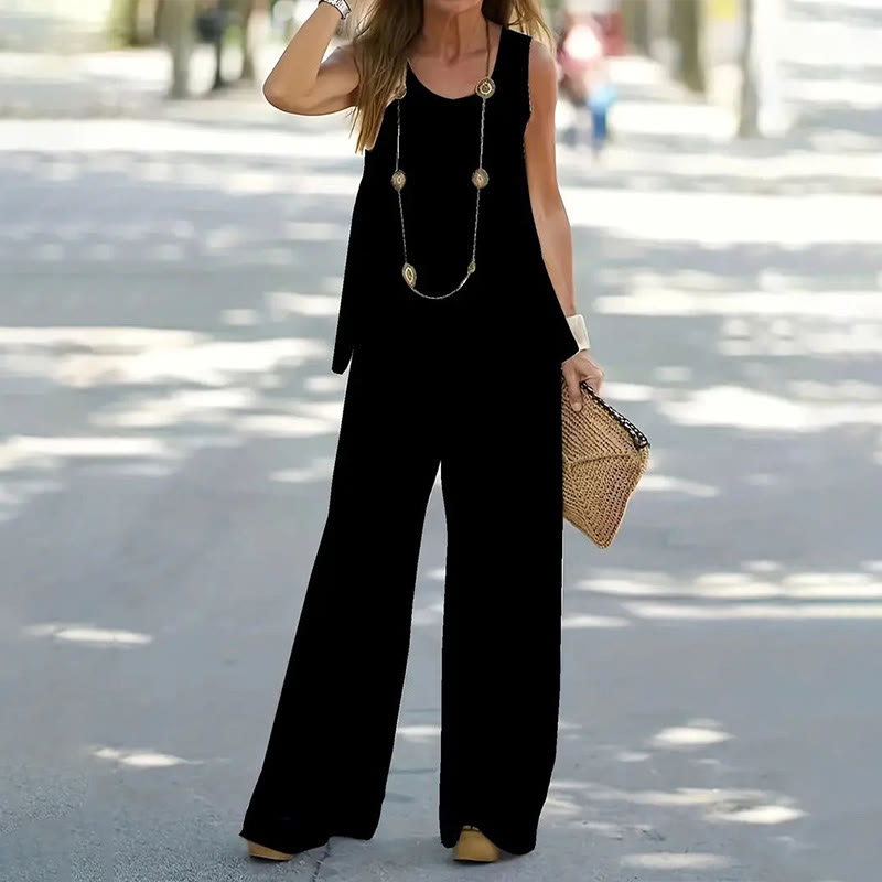 Sleeveless Solid Color Top & Loose Pants Two-piece Set - Black - 2XL - image 4