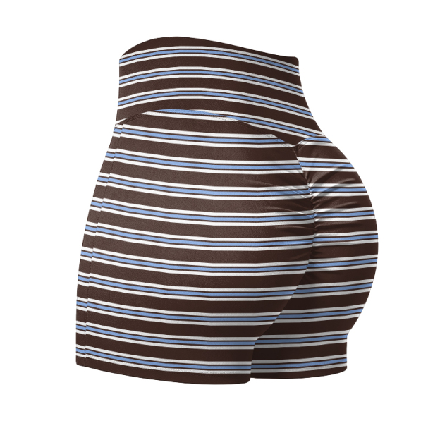 Minimalist Striped High Waist Yoga Shorts  - Blue & Brown - 4XL - image 6