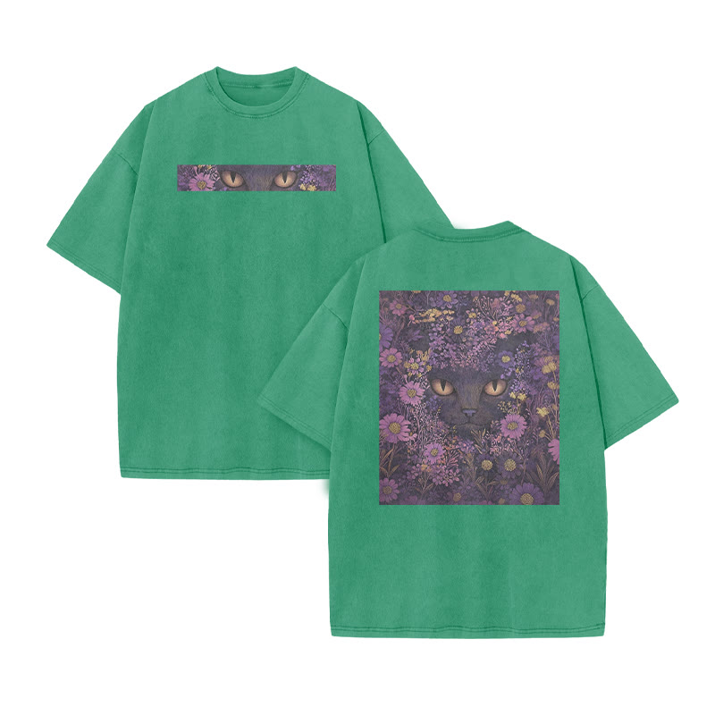 A Black Cat In A Field Of Purple Flowers Print Acid Washed T-shirt - Green - US20-22(3XL) - image 10