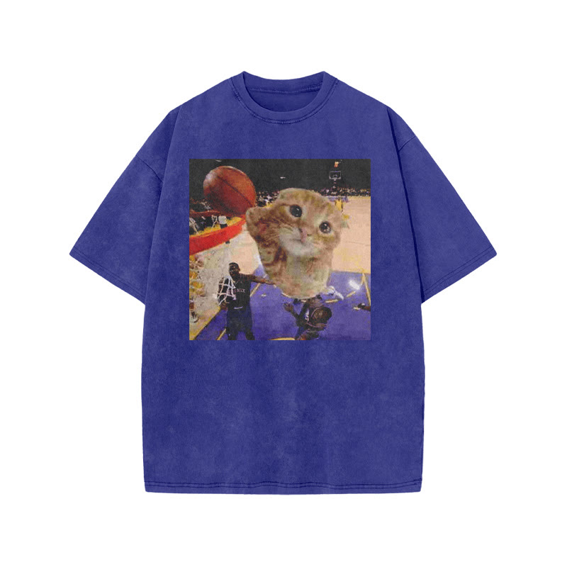 Orange Cats Playing Basketball Print Acid Washed T-shirt - Blue - US20-22(3XL) - image 7