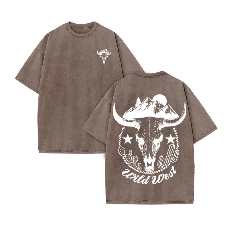 Unisex 100% Cotton WILD WESTERN Western Style Print Acid Washed T-shirt