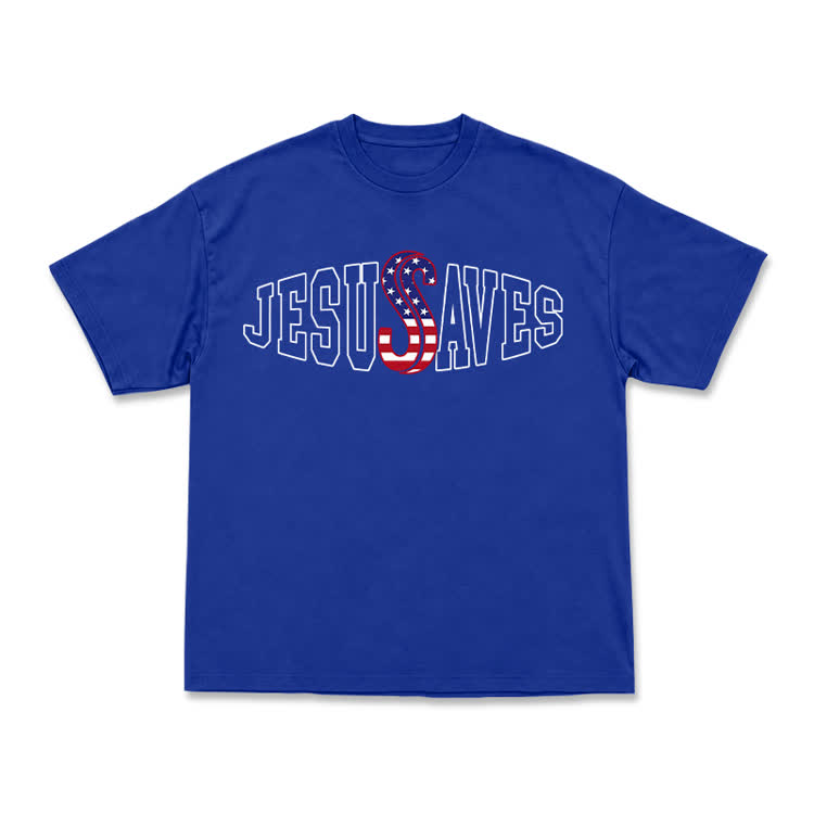 Classic Jesus Saves Flag Print T-Shirt - Blue - US16-18(2XL) - image 8