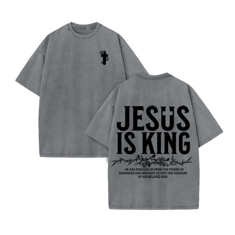Unisex 100% Cotton Jesus Is King Flower Of Thorns Print Acid Washed T-shirt - Grey - US20-22(3XL) - image 5