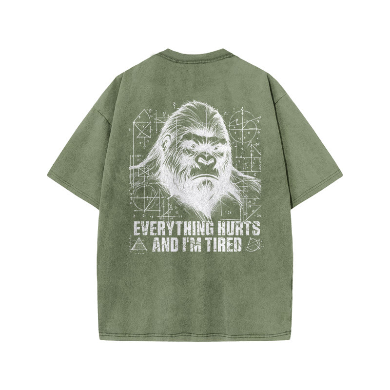 100% Cotton Everything Hurts And I'm Tired Gym Print Acid Washed T-shirt - Army Green - US20-22(3XL) - image 6