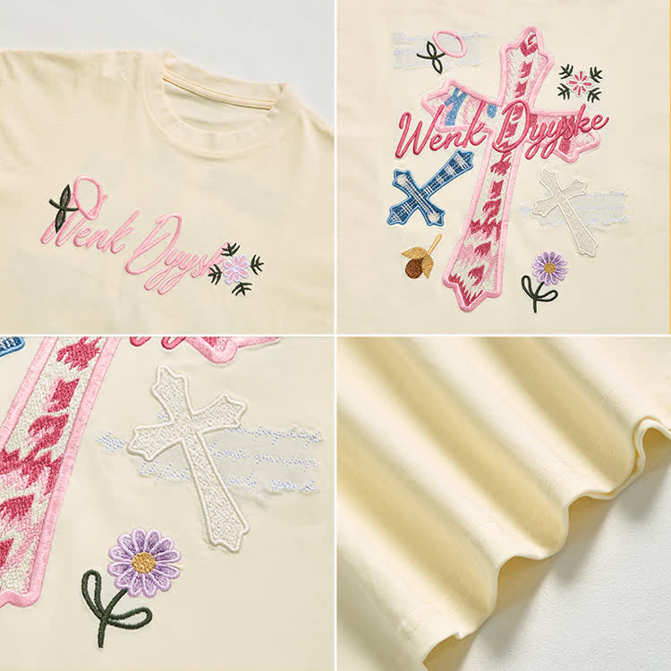 Casual Floral Script and cross Embroidered Round Neck T-Shirt - image 21