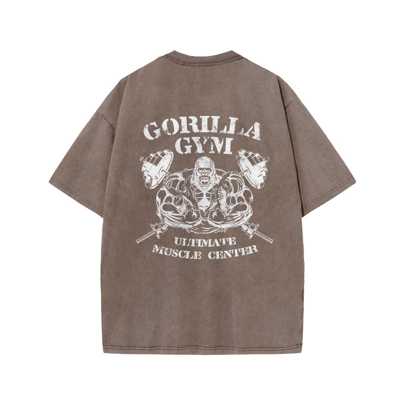 100% Cotton GORILLA GYM Gym Print Acid Washed T-shirt - Coffee - US20-22(3XL) - image 6